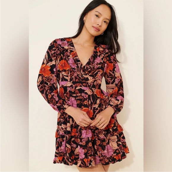 PILCRO TIERED CORDUROY RUFFLED FLORAL BOHO MINI DRESS medium BLACK long sleeve - Picture 3 of 15